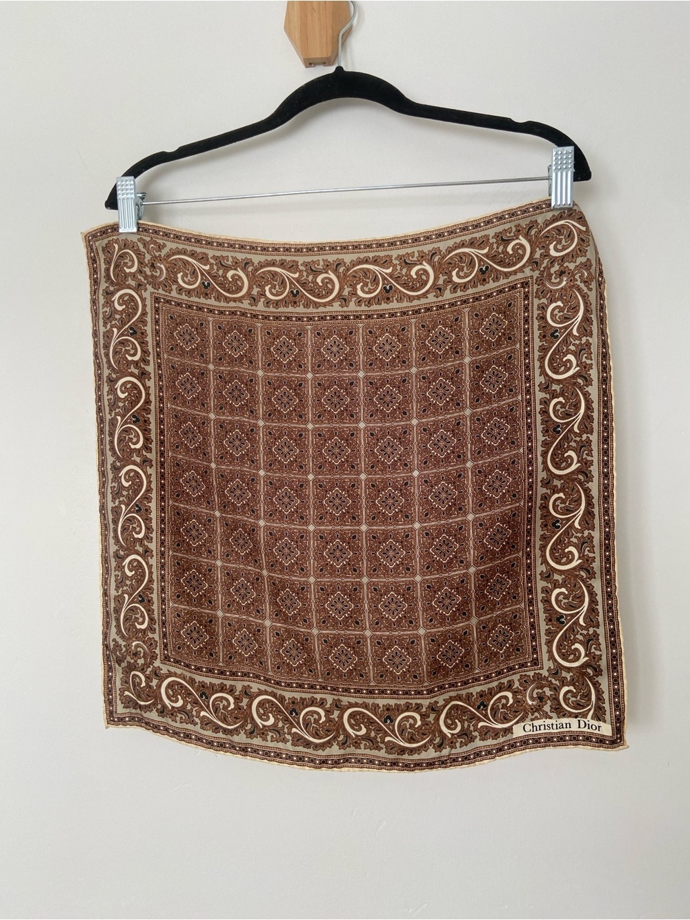 Vintage Christian Dior Silk Scarf Brown Light Green Paisley Print - Picture 3 of 7